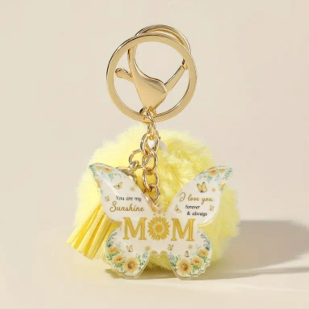 Personalized Sunshine Mom Butterfly Pom Bag Charm & Keychain 🌼✨ — “Sunshine Lov